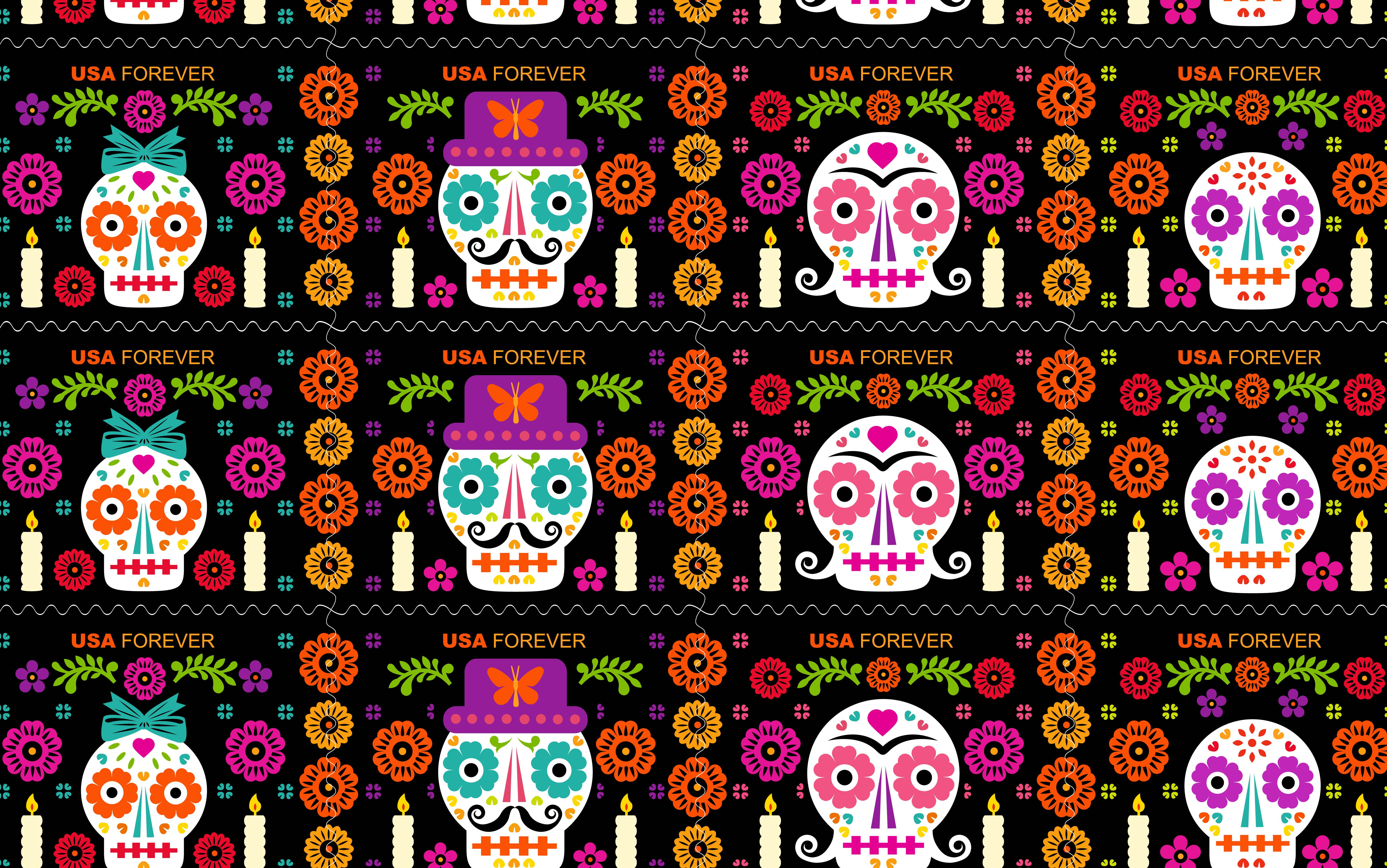 United States Postal Service stamps design for Day of the Dead. Stamp designs by Luis Fitch from UNO Branding.