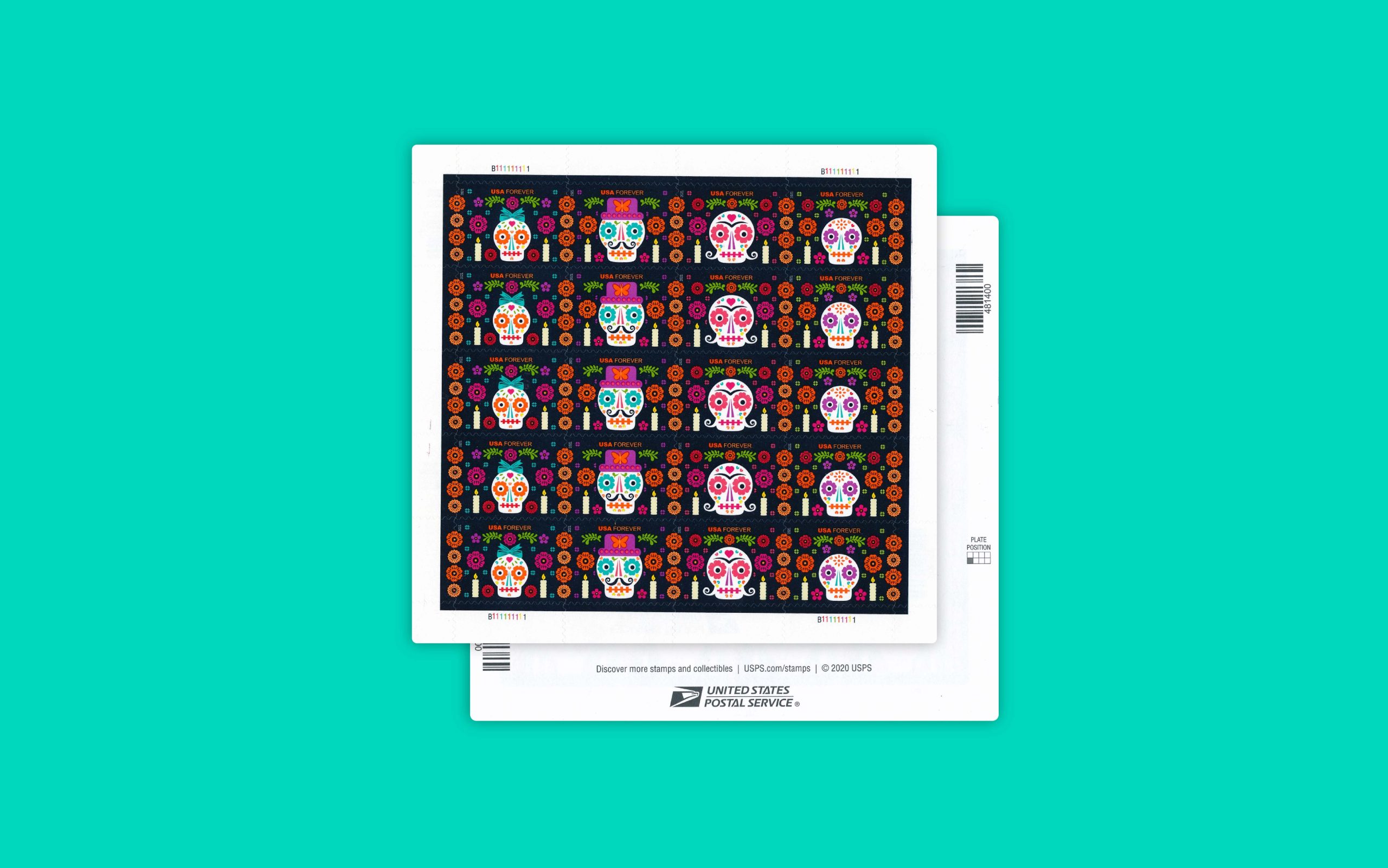 USPS stamp sheet celebrating the day of the dead