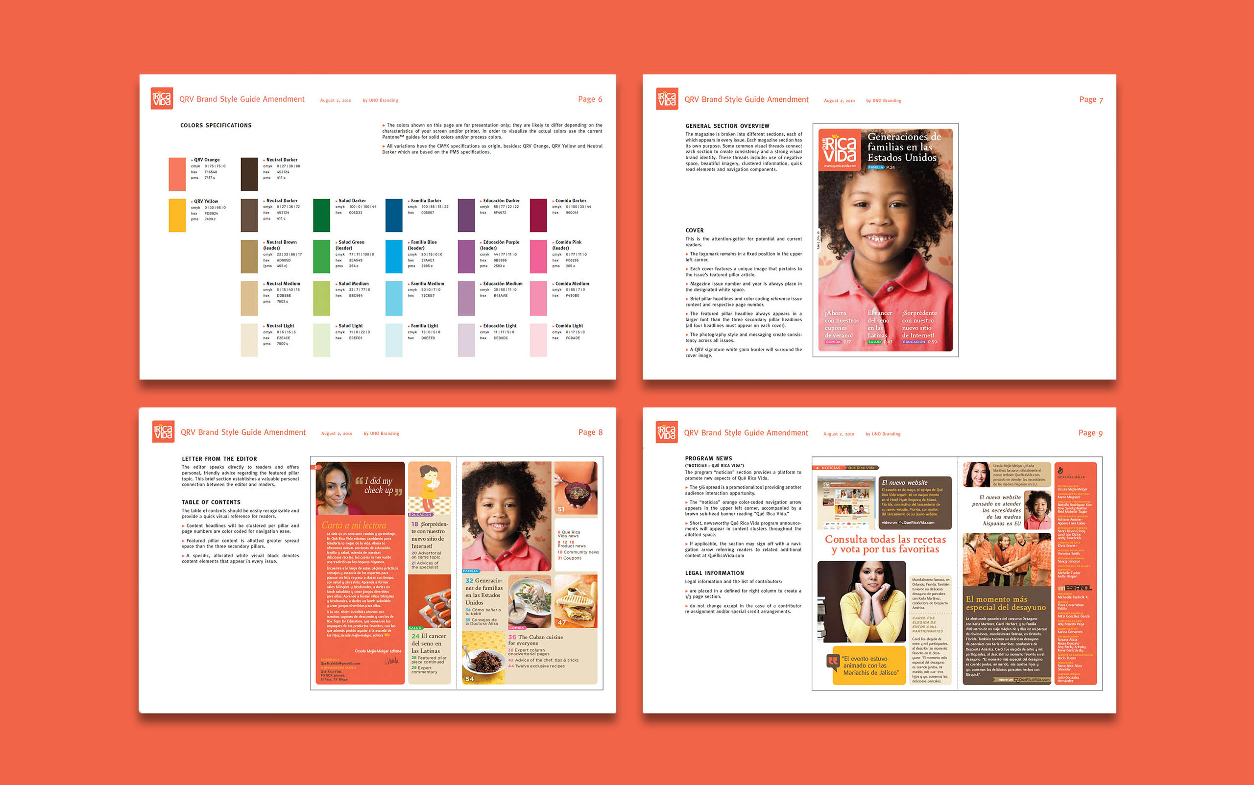 Brand style guide for general mills Que rica vida showing brand colors and layouts