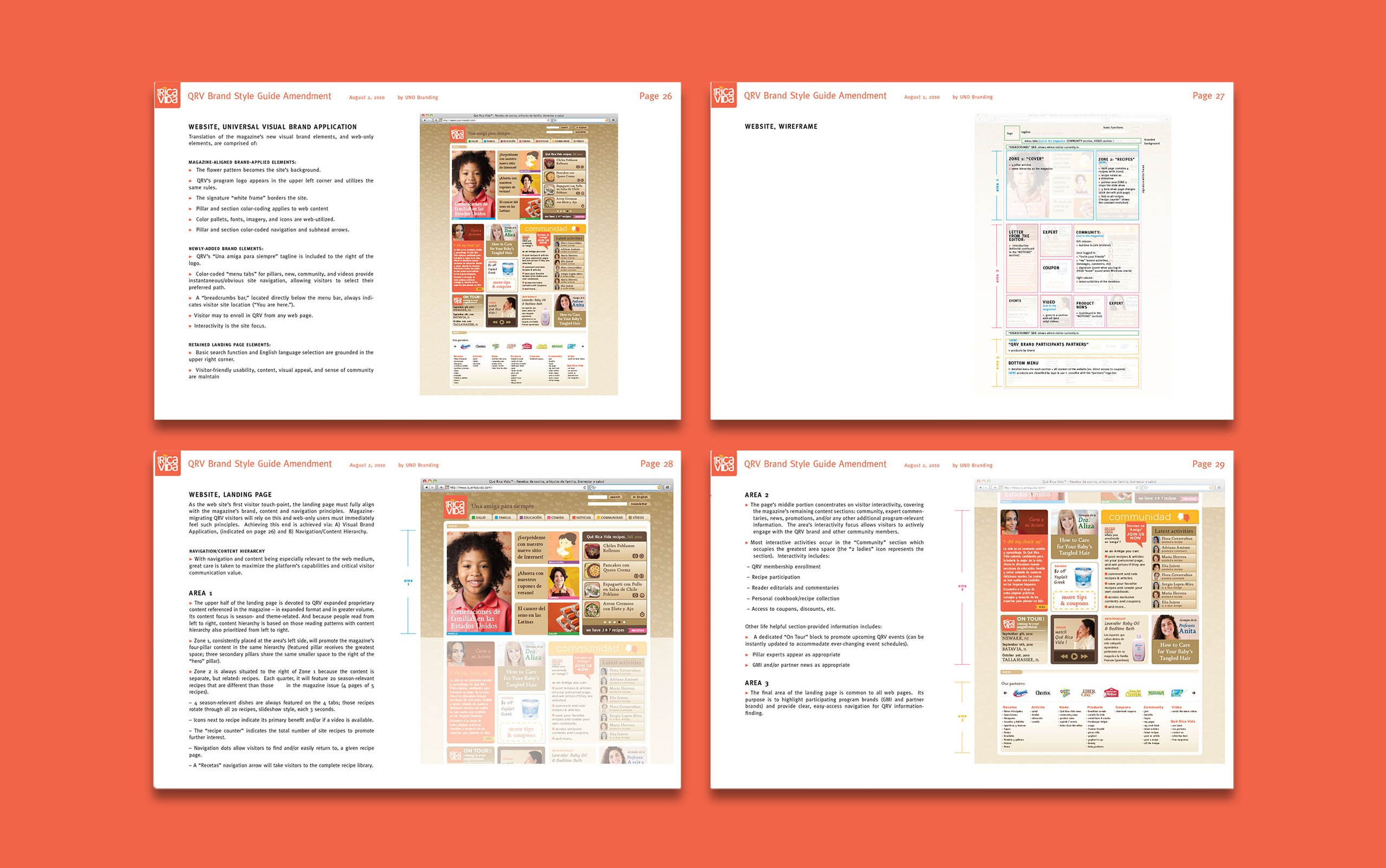 Brand style guide for general mills Que rica vida showing web landing page layouts